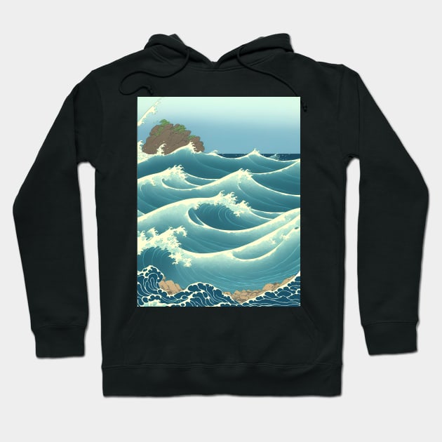 Ukiyo-e Japanese Art - Waves Crashing Against a Rocky Shoreline Hoodie by allovervintage